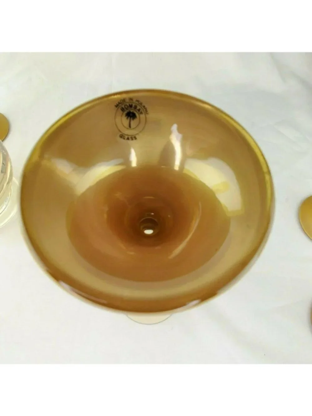 Late 20th Century Bombay Glass Decanter Set 6 Glasses Gold Frosted Stems Made in